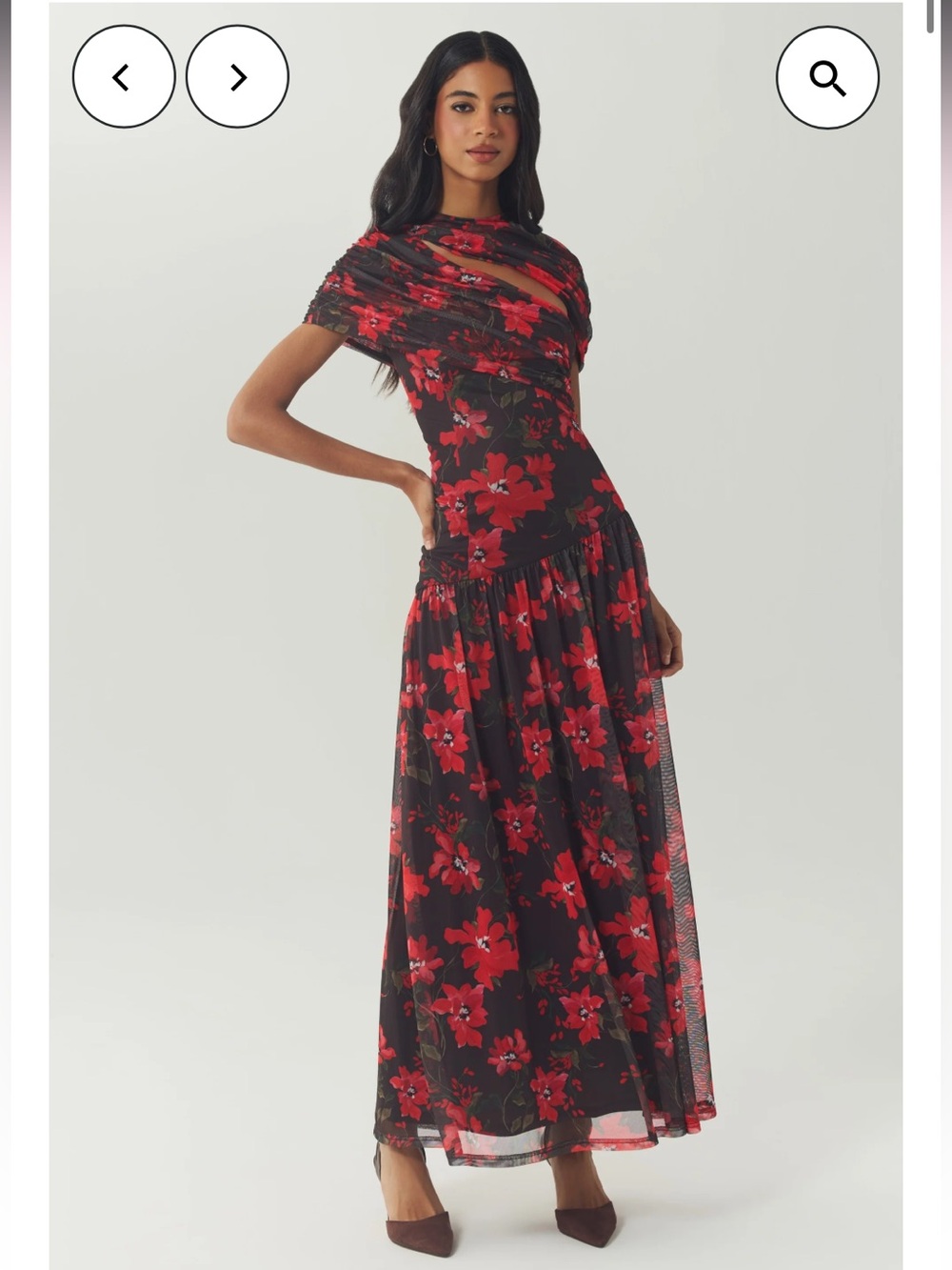 hutch pasha brown red floral asymmetrical neckline cutout mesh maxi dress small